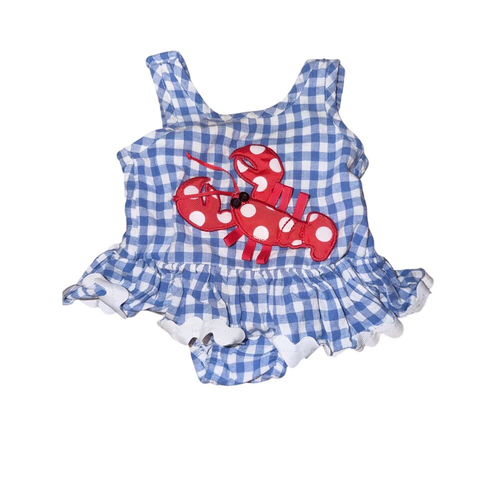 Mudpie blue gingham one piece 0-6 months ruffle lobster northeast 100% cotton